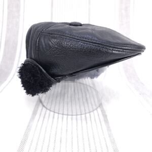 VTG Leather Hat Cap Fitted Black Patchwork Newsboy Grandpa Style Ear Flap Winter